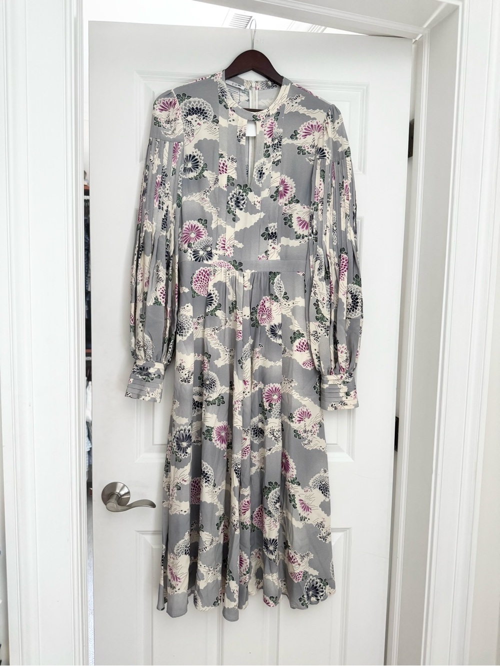 Co. Mum Print Silk Bishop-Sleeve Keyhole Midi Dress View 2